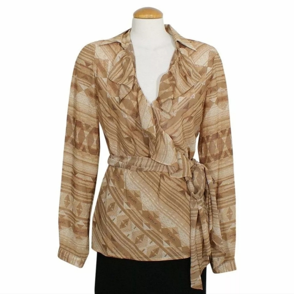 RALPH LAUREN Tan Sand Batik Geometric Georgette Ruffle Wrap Top S